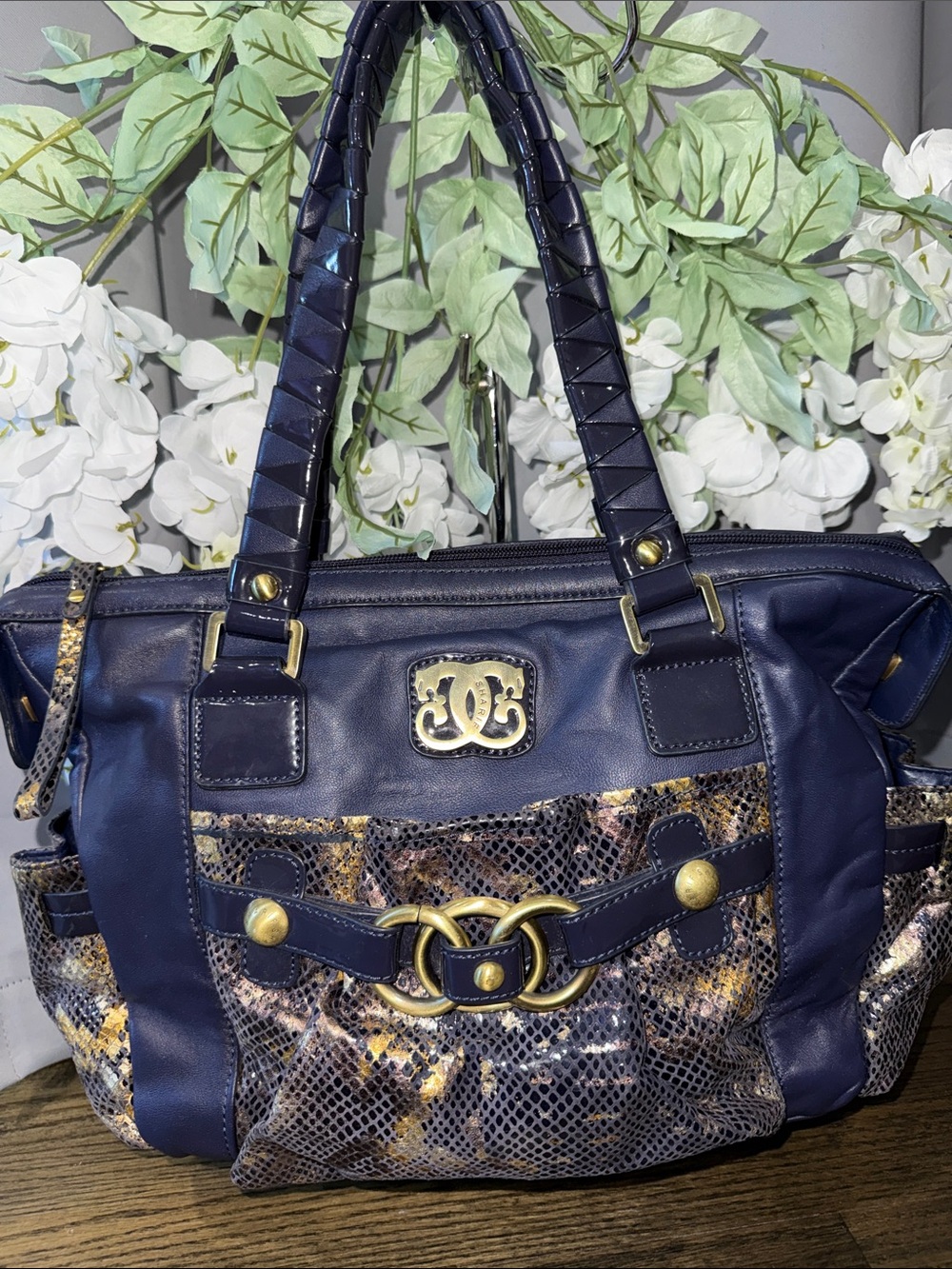 Sharif  💯 authentic Navy Blue Tote with Gold Hardware and Patterned Panels